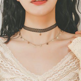 Star Fringed Lace Layered Choker Necklace As Shown In Figure - One Size
