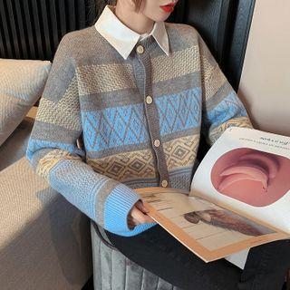 Contrast Color Patterned Knit Cardigan