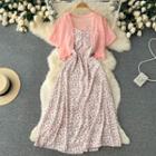 Set: Spaghetti-strap Floral Midi A-line Dress + Short-sleeve Jacket