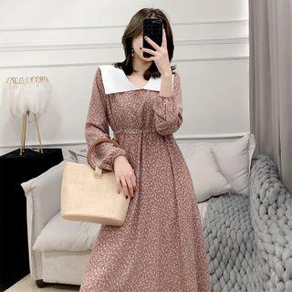 Floral Print Collared Long-sleeve Midi A-line Dress