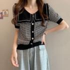 Plaid Collared Short-sleeve Knit Top