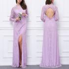Long-sleeve Embroidered Backless Evening Gown