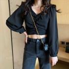 Plain V-neck Long-sleeve Cropped Blouse