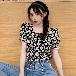 Puff-sleeve Drawstring Floral Blouse