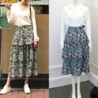 Long-sleeve Blouse / Floral Ruffle Midi Skirt