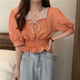 Square-neck Lace Bow Pleated Cropped Blouse