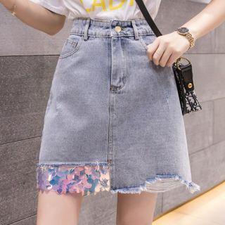Sequined Distressed Denim Skort