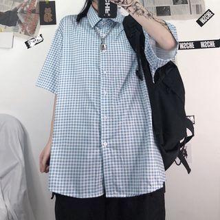 Short Sleeve Check Shirt Blue - One Size