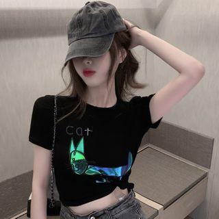 Reflective Cat Print Short-sleeve T-shirt