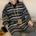 V-neck Striped Sweater Stripes - Black & Gray - One Size