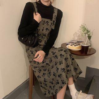 Floral Print Midi A-line Overall Dress Black & Grayish Khaki - One Size