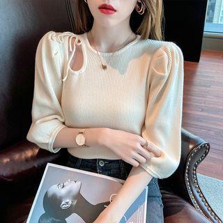 Puff-sleeve Keyhole Knit Top