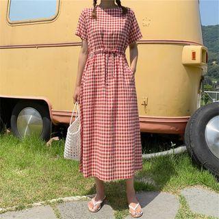 Short-sleeve Tie-waist Check Midi A-line Dress