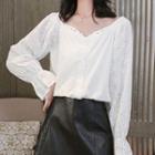 Long-sleeve Buttoned Eyelet Lace Blouse