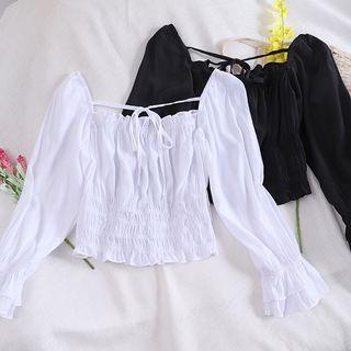 Square Lantern-sleeve Smocked Cropped Blouse