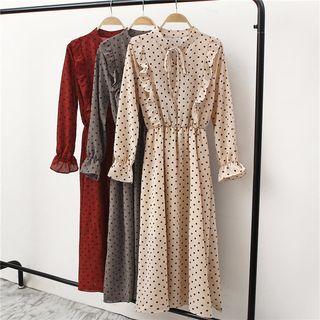 Lace Up Dotted Print Ruffled Trim A-line Midi Dress