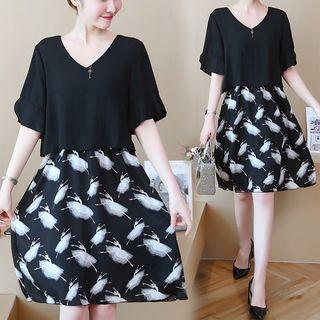 Short-sleeve Mock Two-piece Print Chiffon Dress