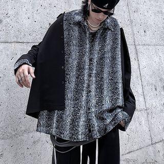 Long-sleeve Leopard Panel Mock Two-piece Shirt