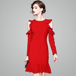 Long-sleeve Cold Shoulder Ruffle Sheath Minidress