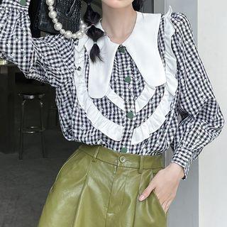 Puff-sleeve Ruffled Gingham Blouse