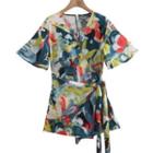 Short-sleeve Abstract Print Wrap Romper