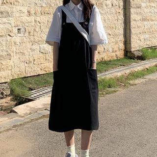 Elbow-sleeve Plain Shirt / A-line Midi Pinafore Dress