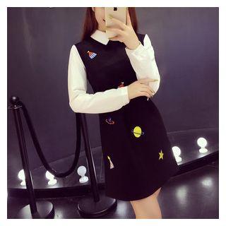 Mock Two-piece Embroidered Long-sleeve Dress