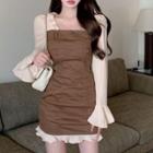 Bell-sleeve Buckled Frill Trim Mini Sheath Dress