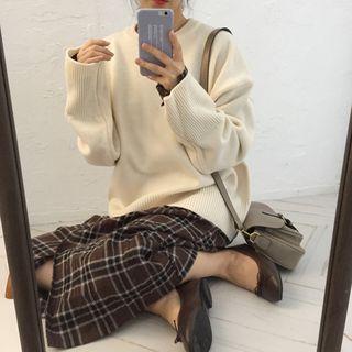 Check Long-sleeve Dress / Plain Loose-fit Sweater