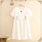 Cat Embroidered V-neck Short-sleeve Dress White - One Size