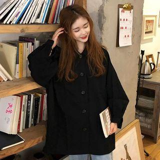 Plain Single-breasted Cargo Long-sleeve Blouse Black - One Size