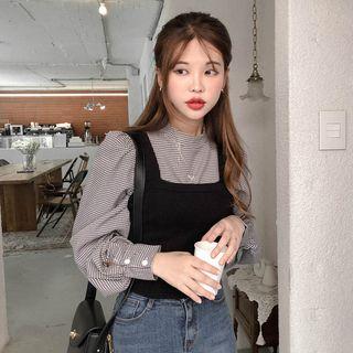 Long-sleeve Plaid Top + Plain Camisole
