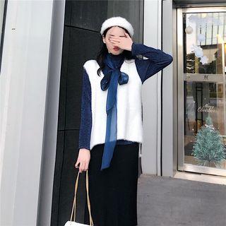 Glittered Long-sleeve Slim-fit Top / Furry Vest