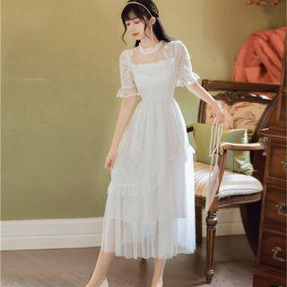 Short-sleeve Square-neck Lace Midi Dress