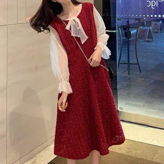 Long-sleeve Mesh Panel Glittered Midi Dress