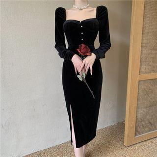 Long-sleeve Slit-hem Midi Sheath Velour Dress