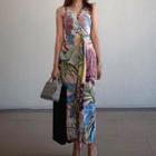 Sleeveless Tropical Print Midi Dress
