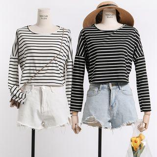 Drop-shoulder Striped Crop T-shirt