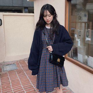 Set: V-neck Cardigan + Long-sleeve Check Dress
