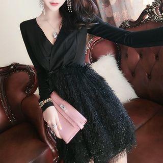 Furry Panel Long-sleeve A-line Dress