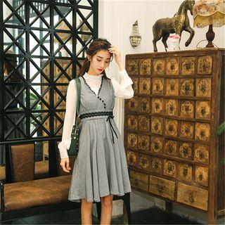 Sleeveless Lace-trim Houndstooth A-line Dress