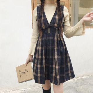 V-neck Plaid Pinafore Dress / Plain Long-sleeve Knit Top