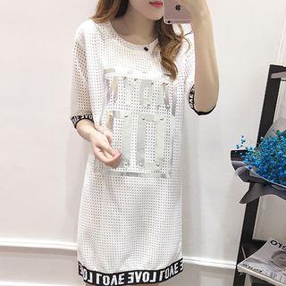 Embellished Perforated Letter Elbow-sleeve Dress