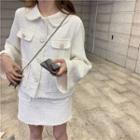 Long-sleeve Frayed Tweed Jacket / High-waist Frayed Skirt