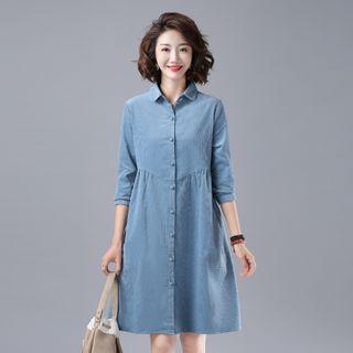 Plain Corduroy Midi A-line Shirtdress
