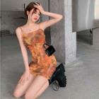Set: Sleeveless Tie-dyed Slim-fit Dress + Arm Sleeves Tangerine - One Size
