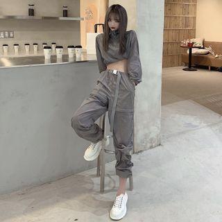 Reflective Half-zip Crop Top / Reflective Belted Jogger Pants