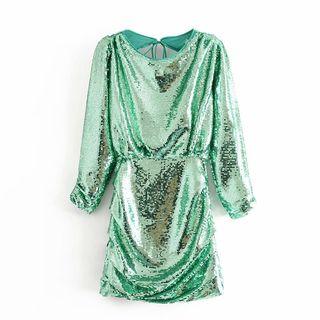 Sequined Open-back Long-sleeve Mini Dress