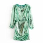 Sequined Open-back Long-sleeve Mini Dress