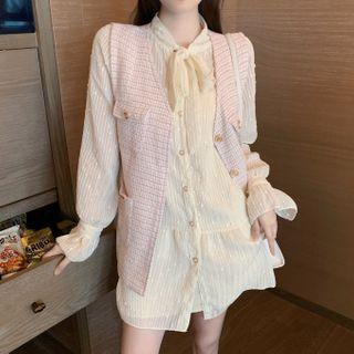 Tie-neck Flared-cuff A-line Dress / Plaid Vest